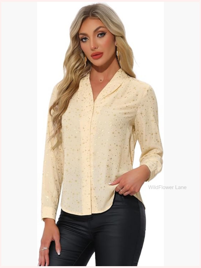 Metallic Star V Neck Long Sleeve Sparkly Blouse Top
